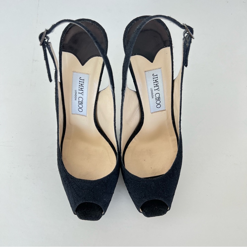 JIMMY CHOO Black Textured Fabric Lace Side Buckle Peep Toe Heel Sandals Sz 37.5 - Picture 4 of 11